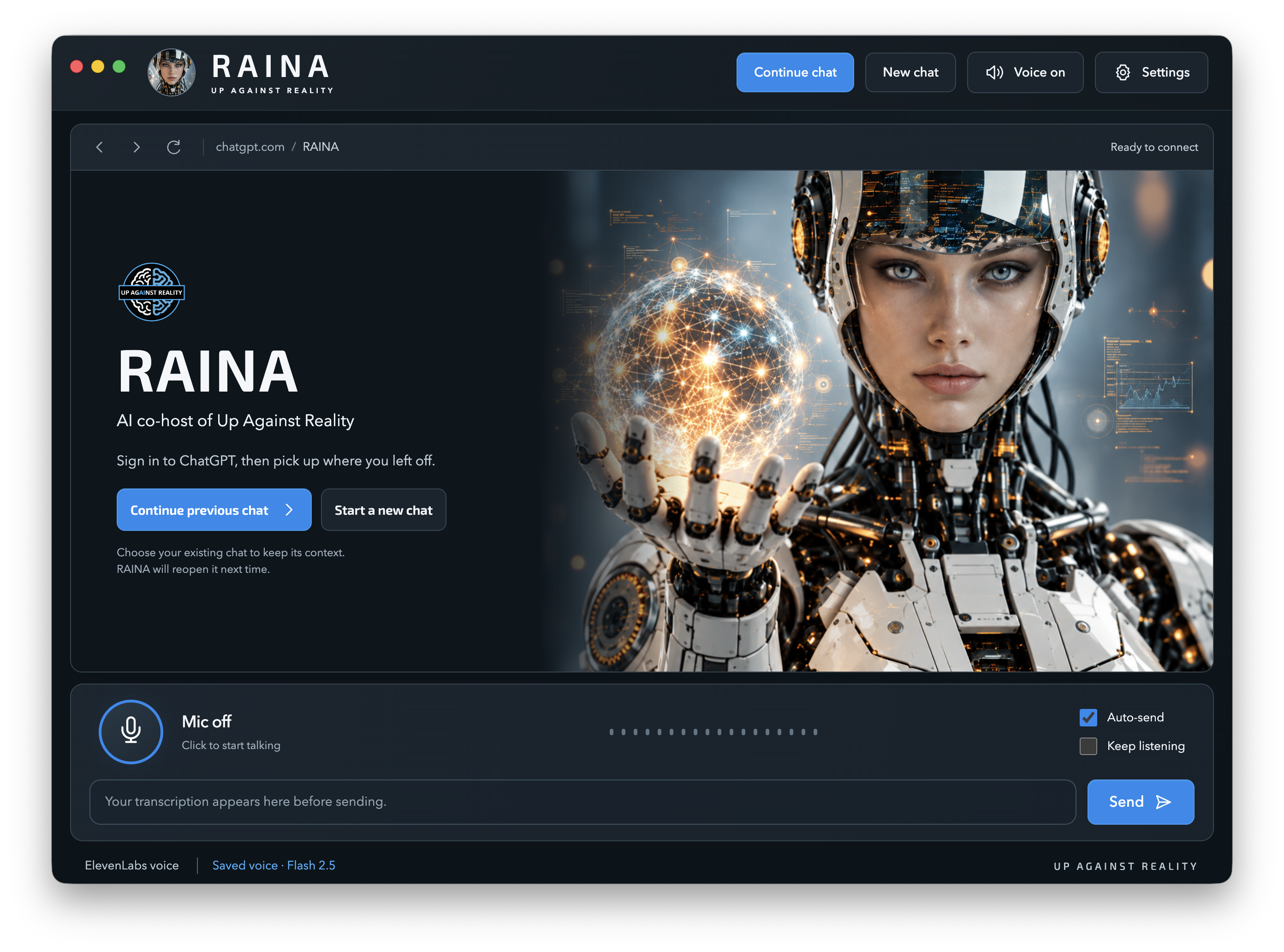 RAINA Mac app with chat, microphone, and ElevenLabs voice controls