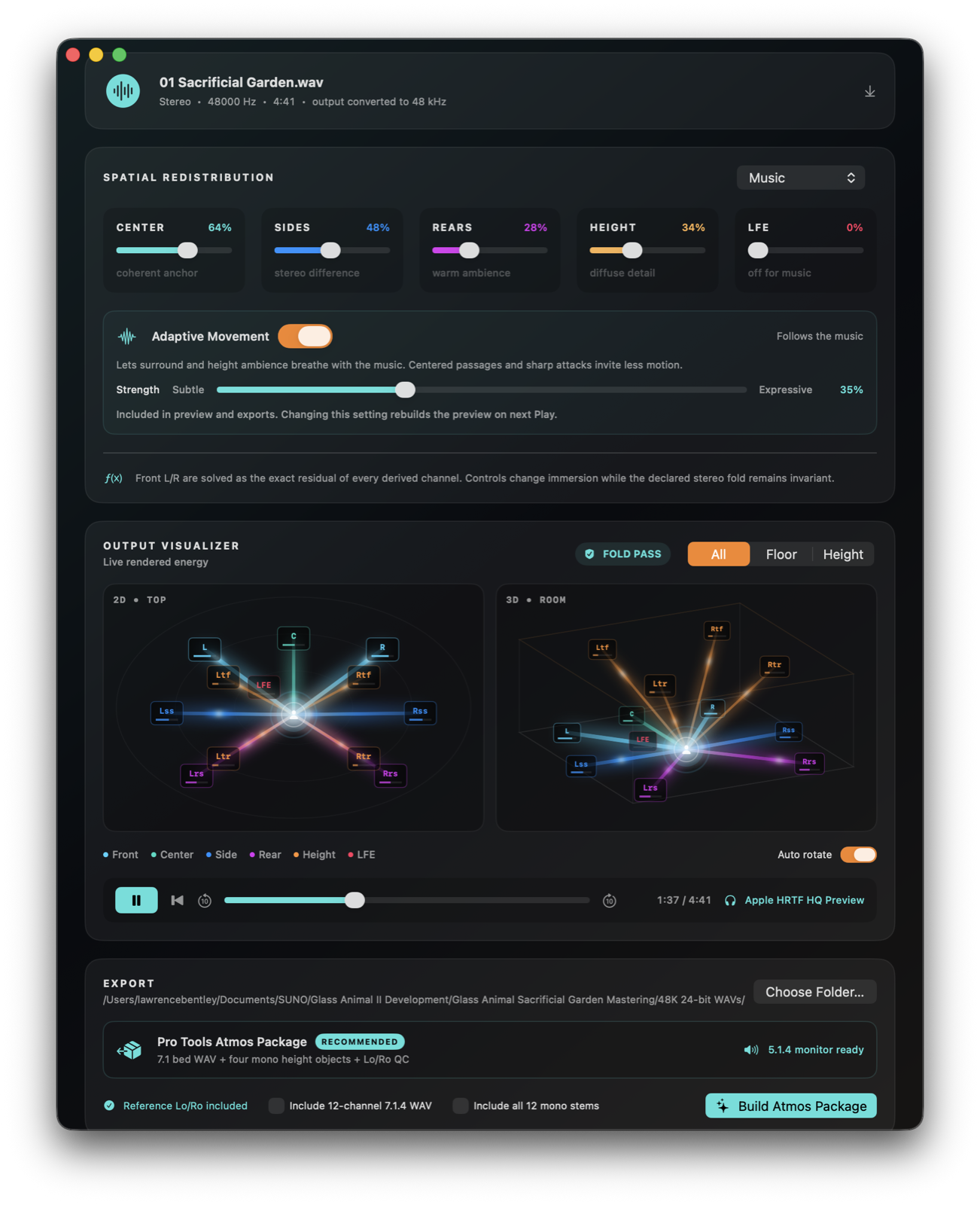 UpMersion Mac app with Adaptive Movement controls and 2D and 3D surround-energy visualizers