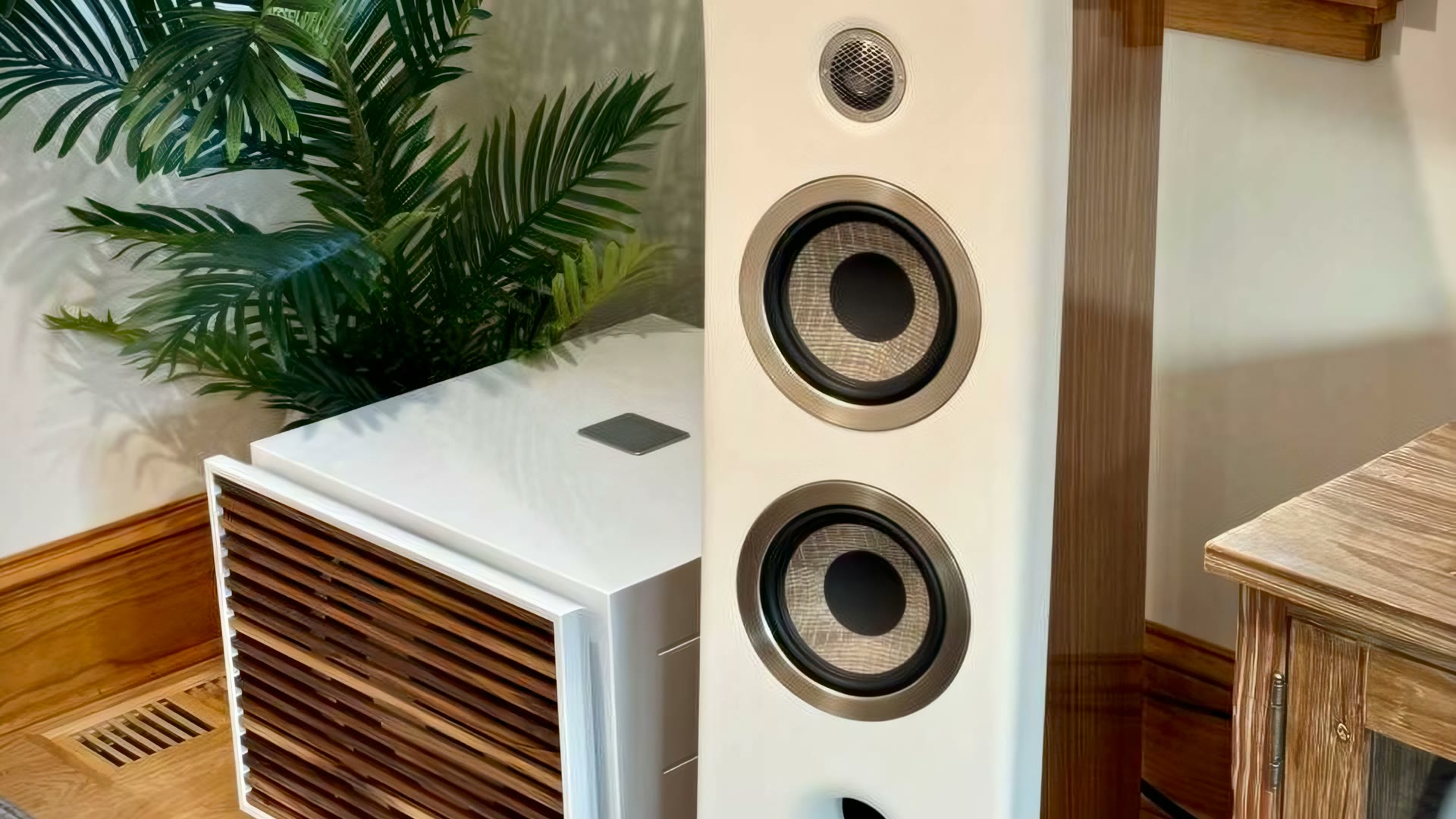 Focal Kanta 2 speaker next to a REL subwoofer in a listening room